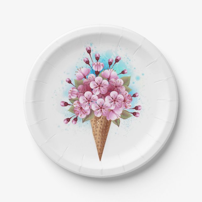 Pink Sakura Ice Cream Waffle Cone Paper Plate (Front)