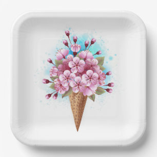 Pink Sakura Ice Cream Waffle Cone Paper Plate