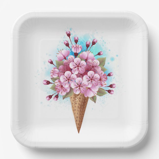 Pink Sakura Ice Cream Waffle Cone Paper Plate (Front)