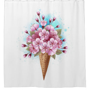 Pink Sakura Ice Cream Waffle Cone Shower Curtain