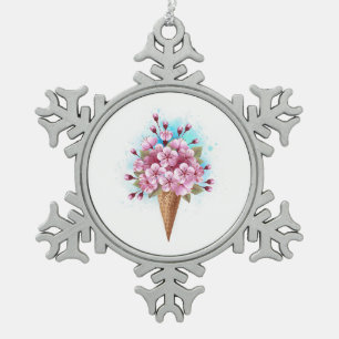 Pink Sakura Ice Cream Waffle Cone Snowflake Pewter Christmas Ornament
