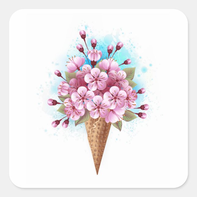 Pink Sakura Ice Cream Waffle Cone Square Sticker (Front)