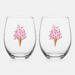 Pink Sakura Ice Cream Waffle Cone Stemless Wine Glass