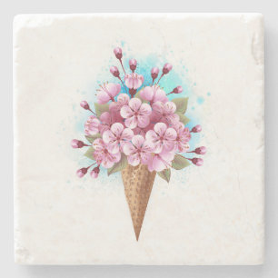 Pink Sakura Ice Cream Waffle Cone Stone Coaster
