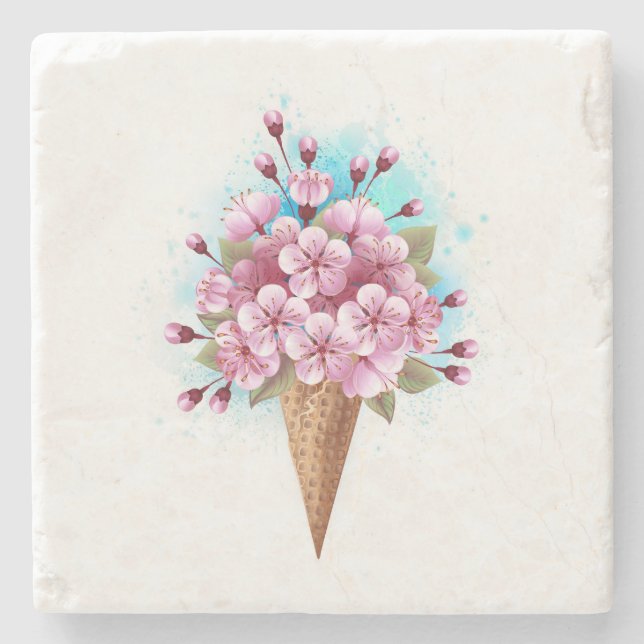 Pink Sakura Ice Cream Waffle Cone Stone Coaster (Front)