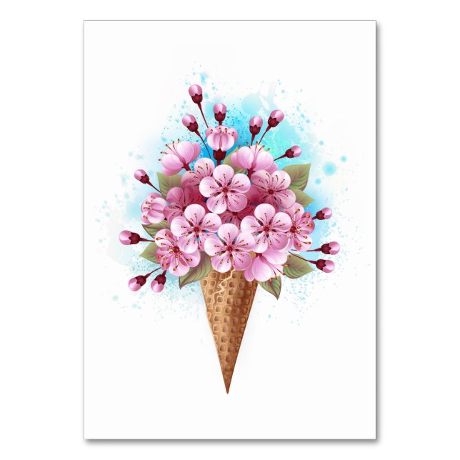 Pink Sakura Ice Cream Waffle Cone Table Number (Front)