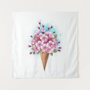 Pink Sakura Ice Cream Waffle Cone Tapestry