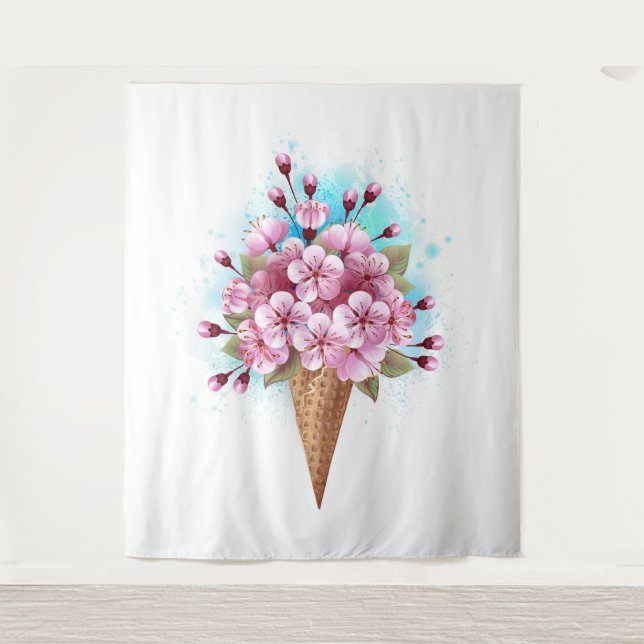 Pink Sakura Ice Cream Waffle Cone Tapestry (Front)