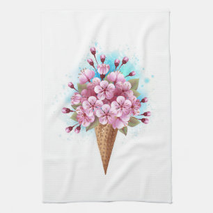 Pink Sakura Ice Cream Waffle Cone Tea Towel