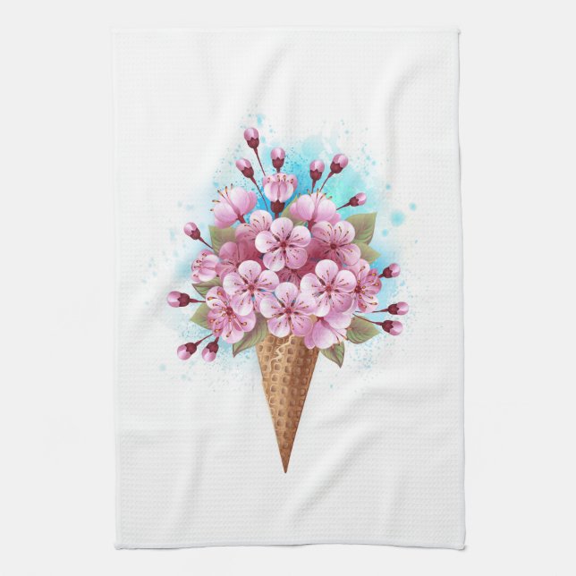 Pink Sakura Ice Cream Waffle Cone Tea Towel (Vertical)