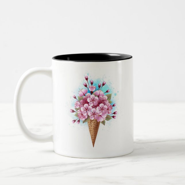 Pink Sakura Ice Cream Waffle Cone Two-Tone Coffee Mug (Left)