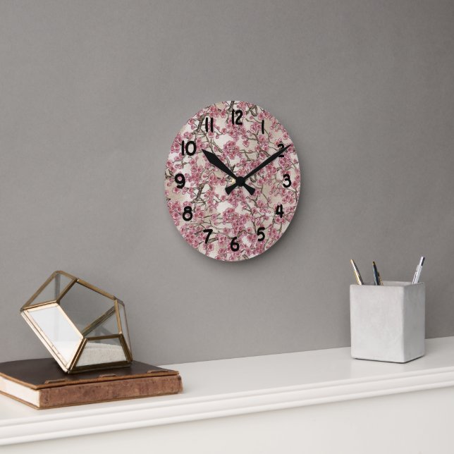 Pink Sakura Japanese Cherry Blossoms Round Clock (Office)