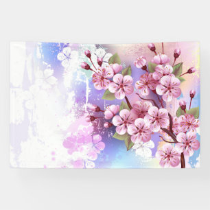 Pink Sakura on Painting Background Banner