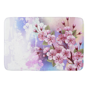 Pink Sakura on Painting Background Bath Mat