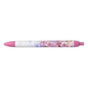 Pink Sakura on Painting Background Black Ink Pen