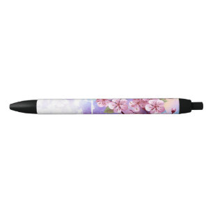 Pink Sakura on Painting Background Black Ink Pen