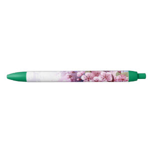 Pink Sakura on Painting Background Black Ink Pen