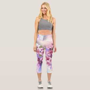 Pink Sakura on Painting Background Capri Leggings