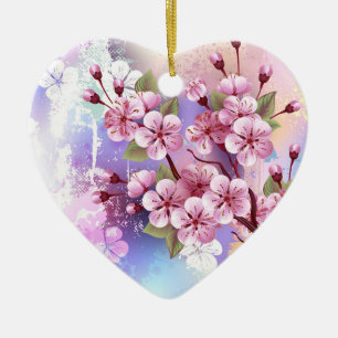 Pink Sakura on Painting Background Ceramic Ornament