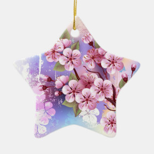 Pink Sakura on Painting Background Ceramic Ornament