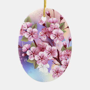 Pink Sakura on Painting Background Ceramic Ornament