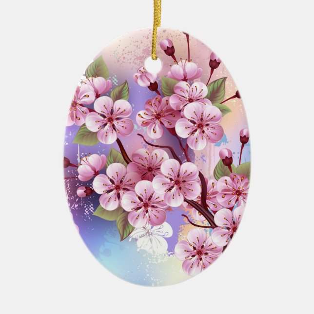 Pink Sakura on Painting Background Ceramic Ornament (Front)