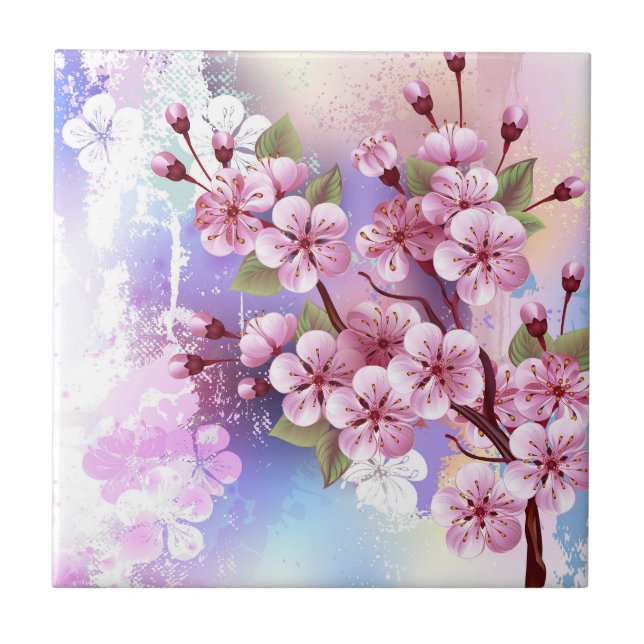 Pink Sakura on Painting Background Ceramic Tile (Front)