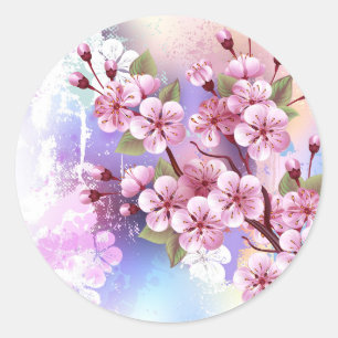 Pink Sakura on Painting Background Classic Round Sticker