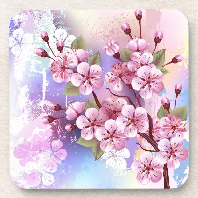 Pink Sakura on Painting Background Coaster (Front)