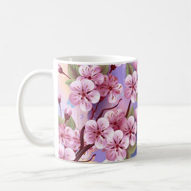 Pink Sakura on Painting Background Coffee Mug (Left)