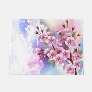 Pink Sakura on Painting Background Doormat