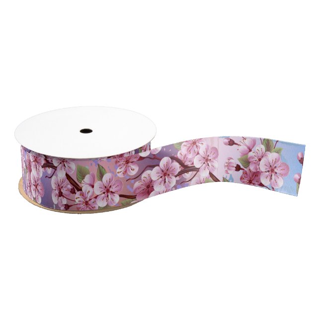 Pink Sakura on Painting Background Grosgrain Ribbon (Spool)