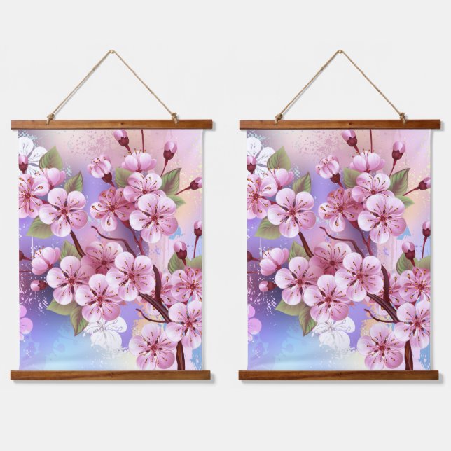 Pink Sakura on Painting Background Hanging Tapestry (Double)