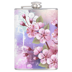 Pink Sakura on Painting Background Hip Flask