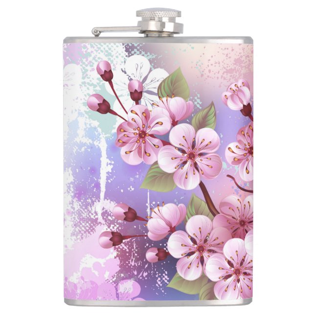 Pink Sakura on Painting Background Hip Flask (Front)