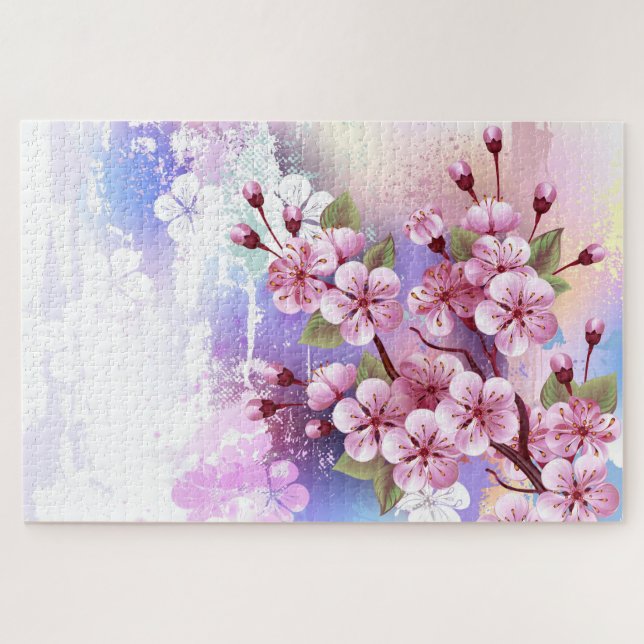 Pink Sakura on Painting Background Jigsaw Puzzle (Horizontal)