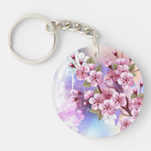 Pink Sakura on Painting Background Key Ring