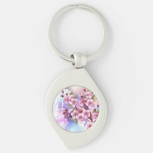 Pink Sakura on Painting Background Key Ring
