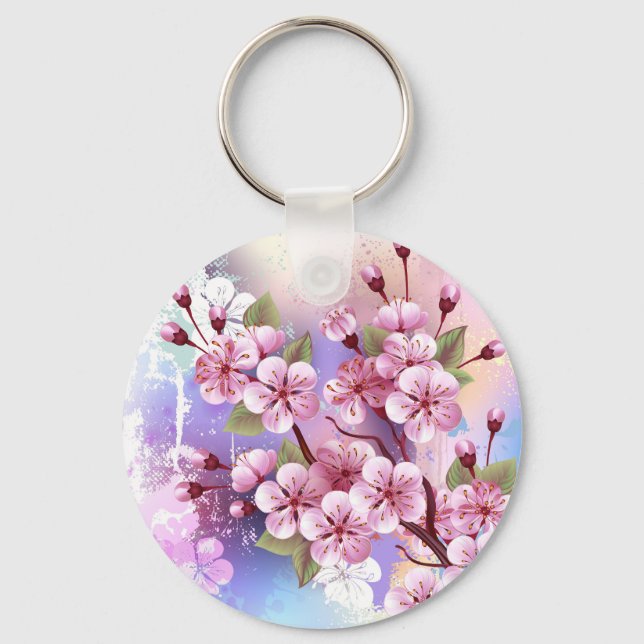Pink Sakura on Painting Background Key Ring (Front)