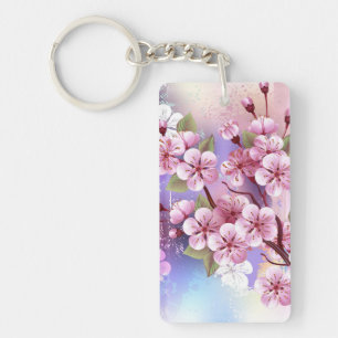 Pink Sakura on Painting Background Key Ring
