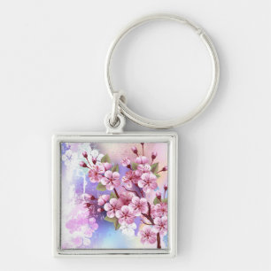 Pink Sakura on Painting Background Key Ring