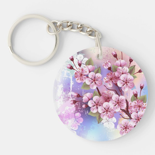 Pink Sakura on Painting Background Key Ring (Front)