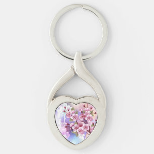 Pink Sakura on Painting Background Key Ring