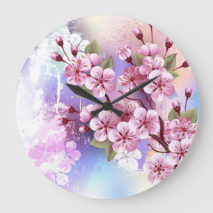 Pink Sakura on Painting Background Large Clock
