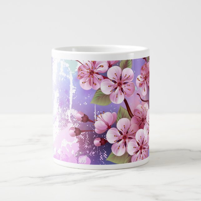 Pink Sakura on Painting Background Large Coffee Mug (Front)
