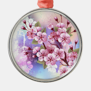 Pink Sakura on Painting Background Metal Ornament