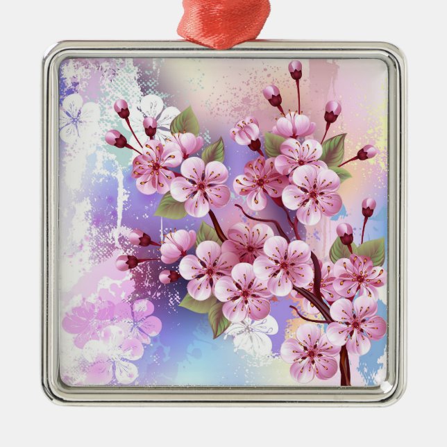 Pink Sakura on Painting Background Metal Ornament (Front)