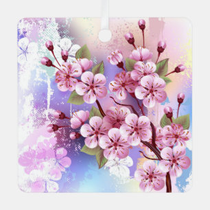 Pink Sakura on Painting Background Metal Tree Decoration