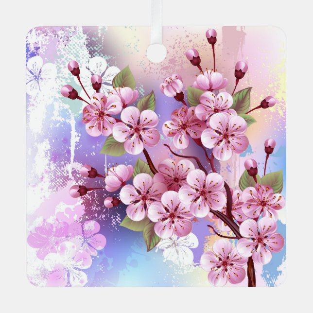 Pink Sakura on Painting Background Metal Tree Decoration (Front)