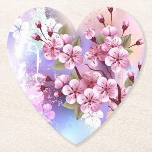 Pink Sakura on Painting Background Paper Coaster